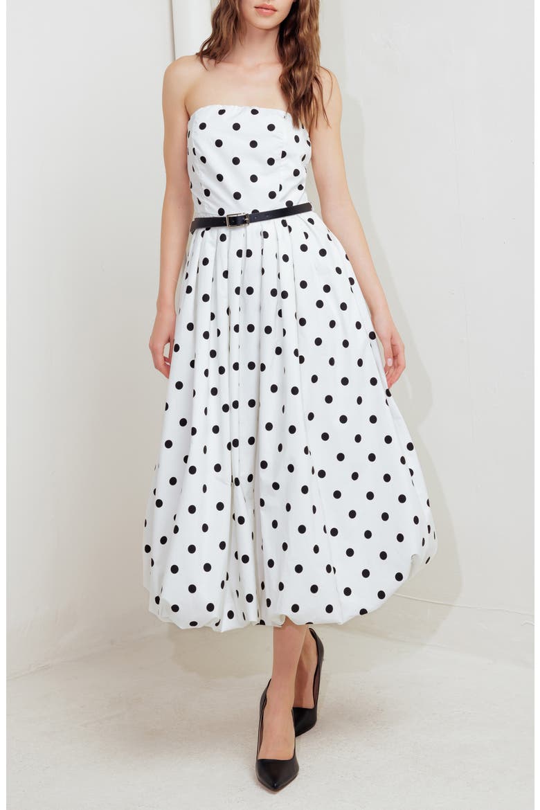 Polka Dot Pleated Strapless Belted Bubble Hem Cotton Midi Dress, Alternate, color, WHITE