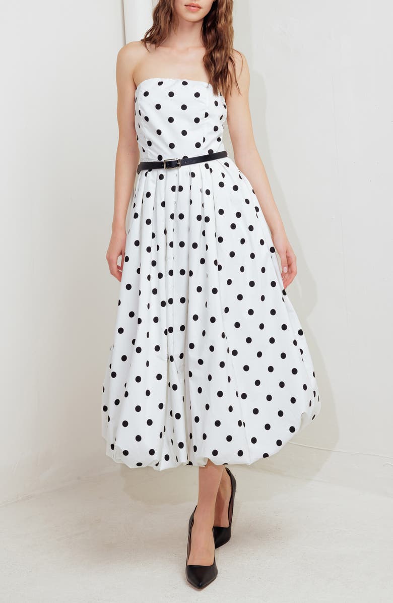 FREEMARKET Polka Dot Pleated Strapless Belted Bubble Hem Cotton Midi Dress, Alternate, color, White