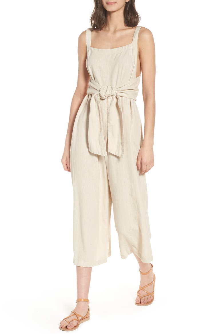 Linen Blend Tie Front Crop Jumpsuit, Main, color, BEIGE BEACH
