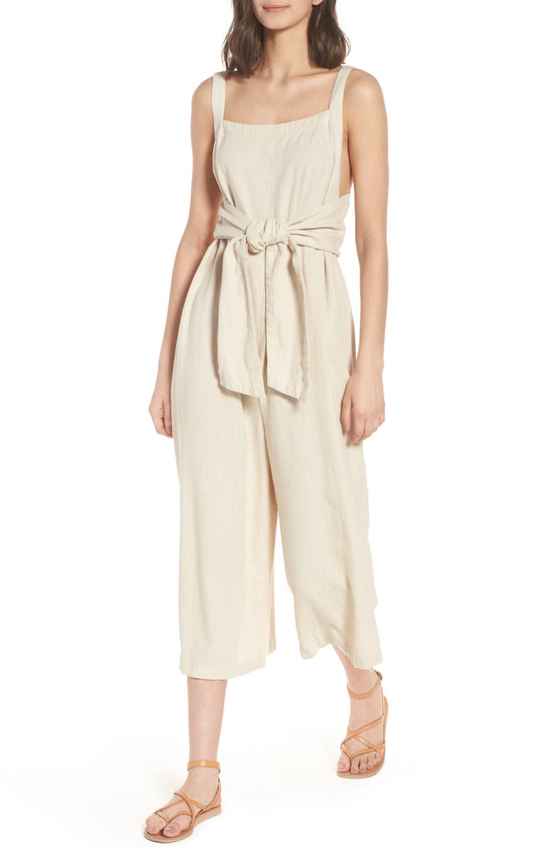 BP. Linen Blend Tie Front Crop Jumpsuit, Main, color,