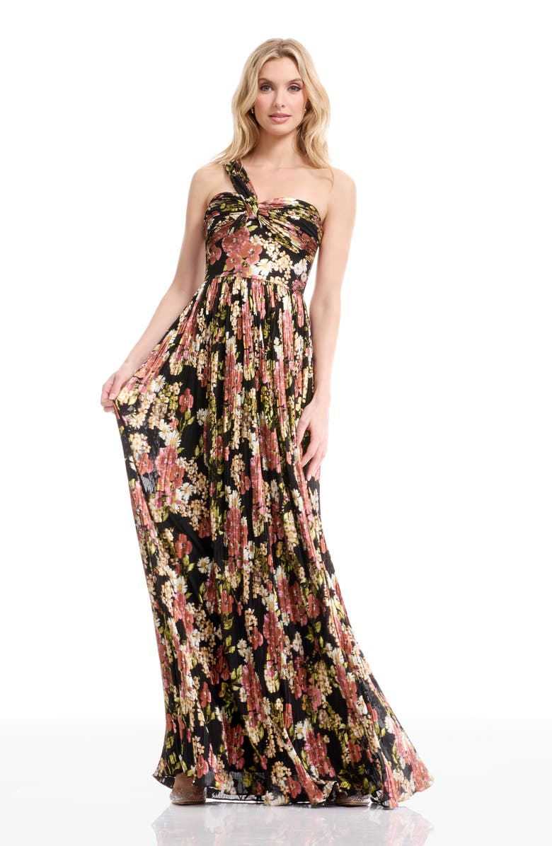 Dress the Population Idalia Asymmetric Floral Print Pleated Dress, Alternate, color, Black Multi