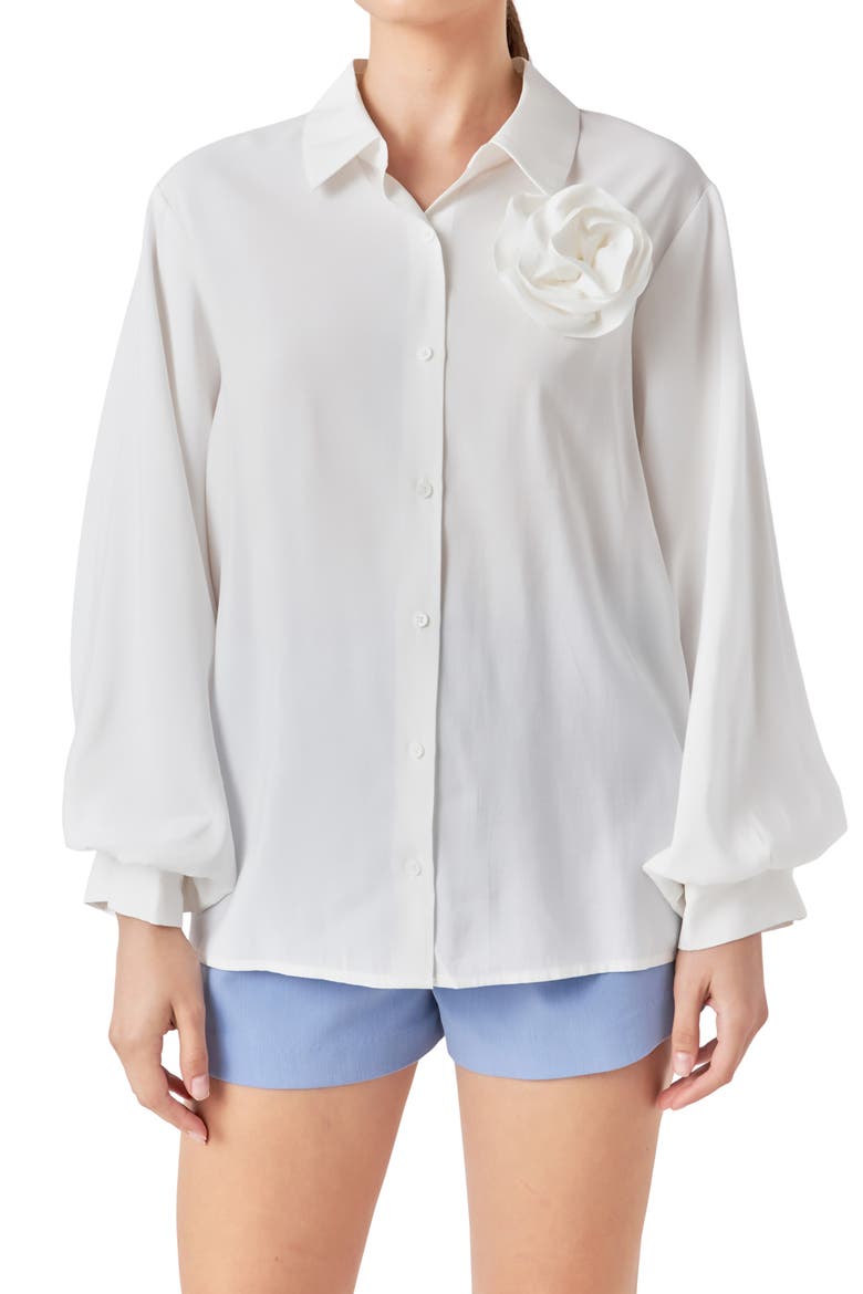 Corsage Bishop Sleeve Button-Up Top, Alternate, color, WHITE