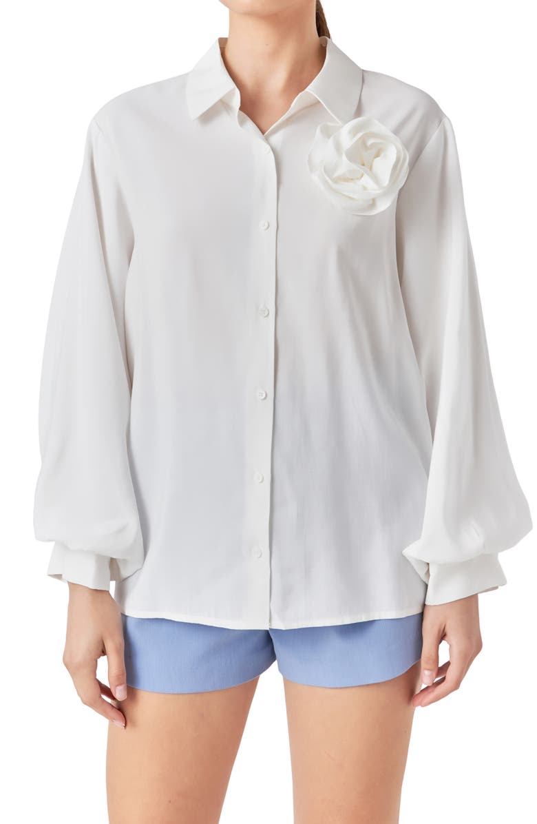 Endless Rose Corsage Bishop Sleeve Button-Up Top, Alternate, color,