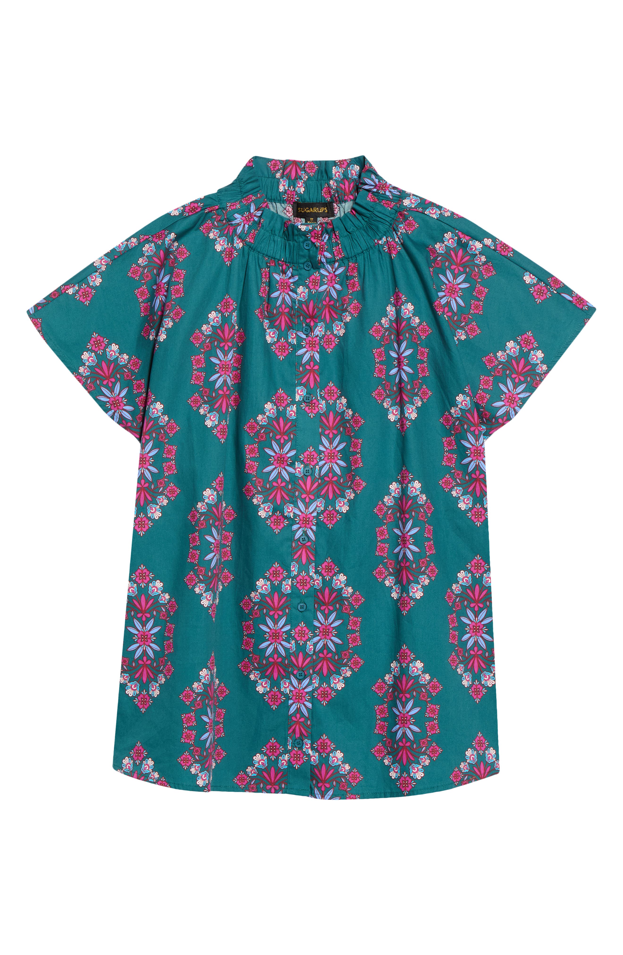 Sugarlips Patma Folklore Mock Neck Cotton Button-up Top In Multi