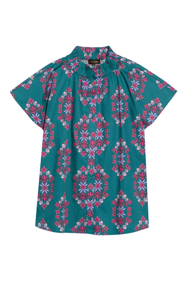 Patma Folklore Mock Neck Cotton Button-Up Top, Main, color, TEAL-PINK