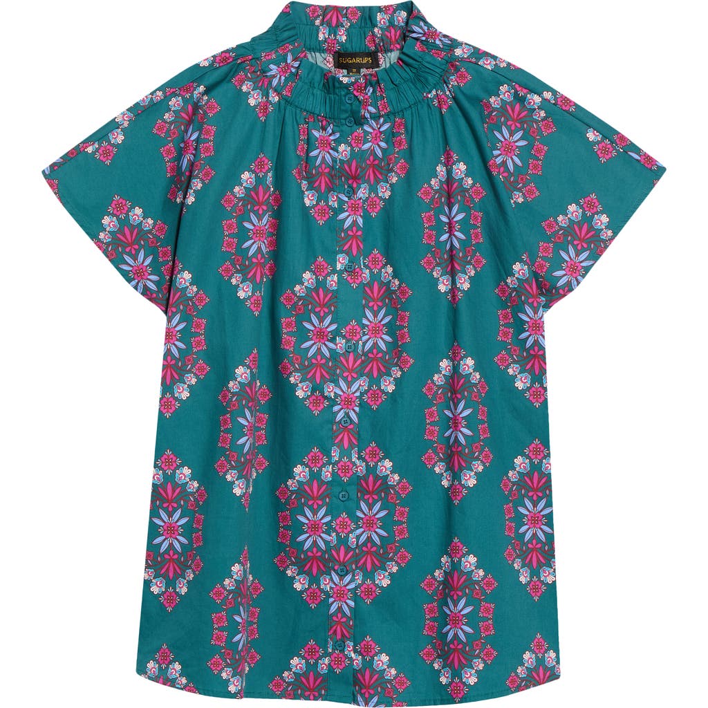 Sugarlips Patma Folklore Mock Neck Cotton Button-up Top In Multi
