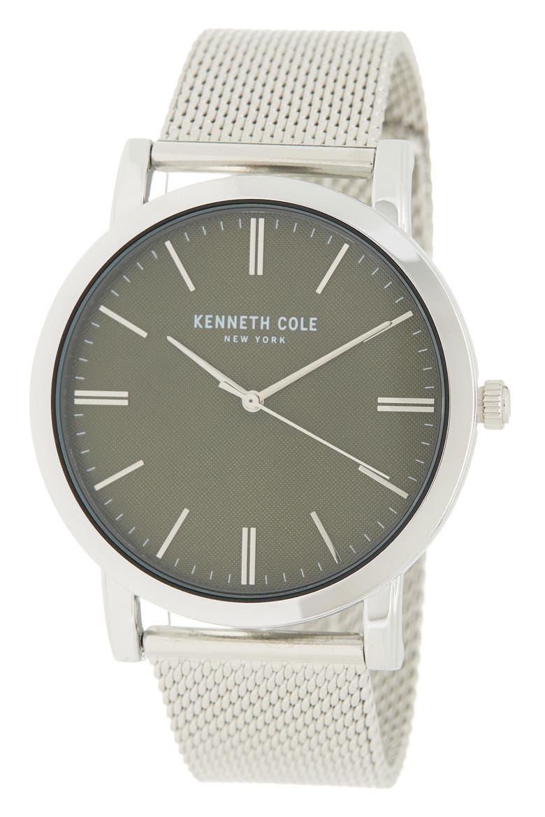 NEW YORK Men's 3-Hand Green Dial Mesh Bracelet Watch, 43.6mm, Main, color, SILVER