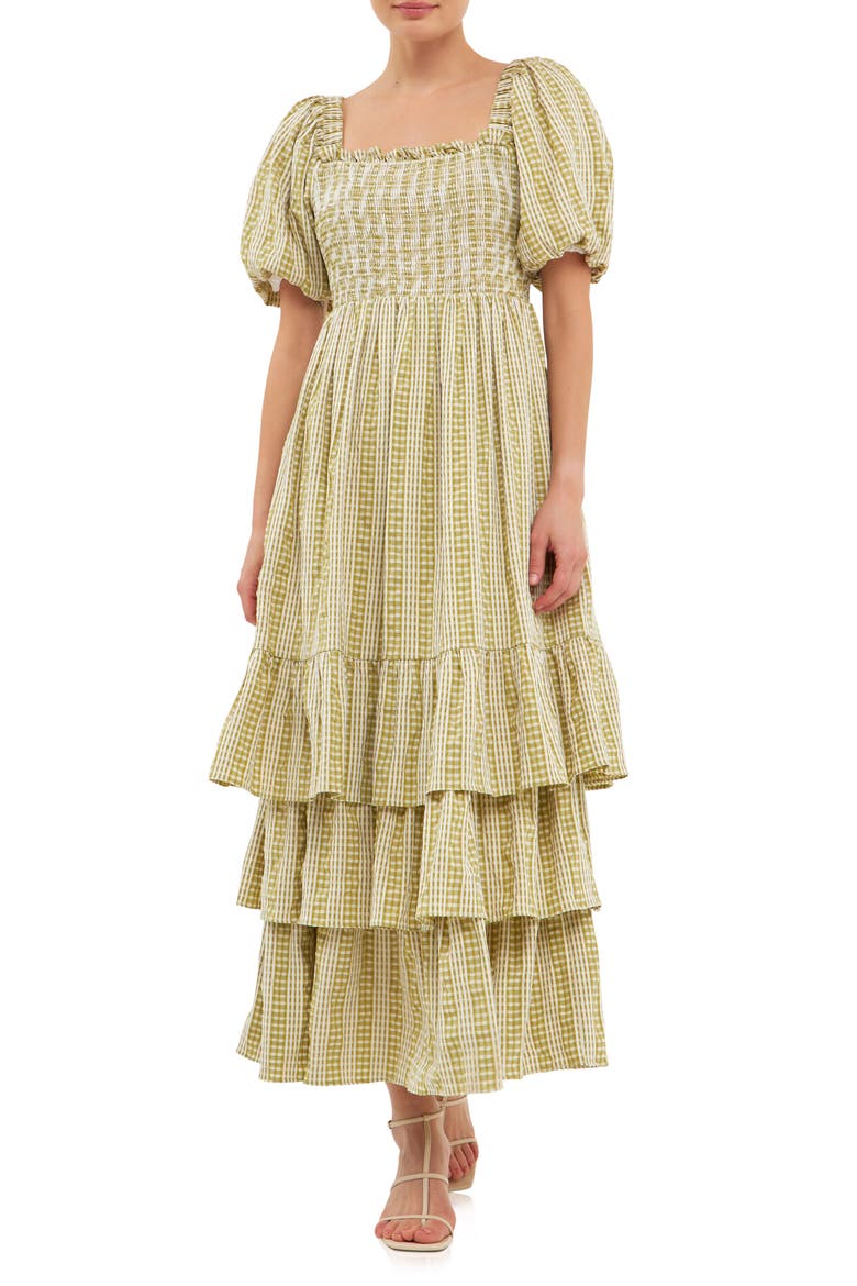 Gingham Stripe Tiered Dress, Main, color, AVOCADO