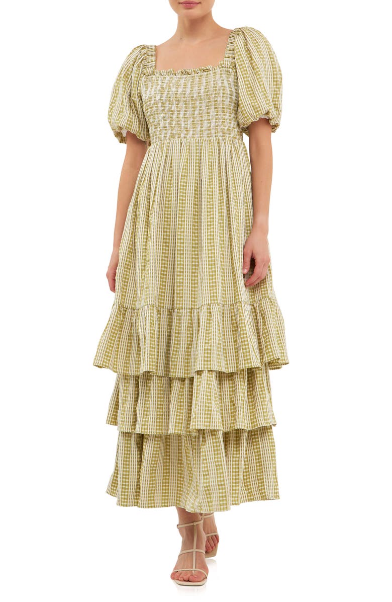 English Factory Gingham Stripe Tiered Dress, Main, color, Avocado