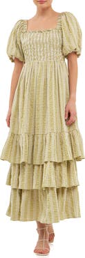 English Factory Gingham Stripe Tiered Dress