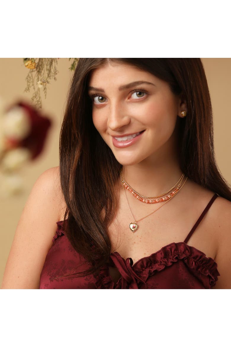3-Piece Necklaces for Women, Layering Necklaces Gold-Tone | Triple Necklace Stack 3 Separate Lengths, Pink Bead and Pearl Embellishments, Rose and Heart Pendant, Alternate, color, Gold-Tone
