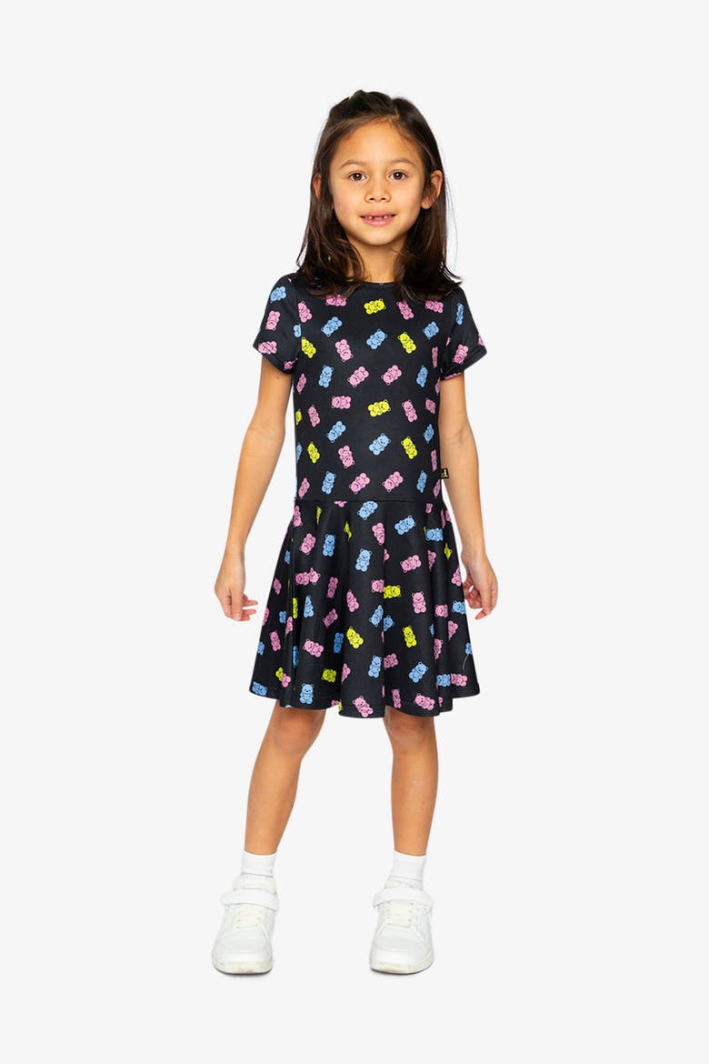 Gummy Bears Short Sleeve Drop Waist Dress, Alternate, color, Black Printed Gummy Bears