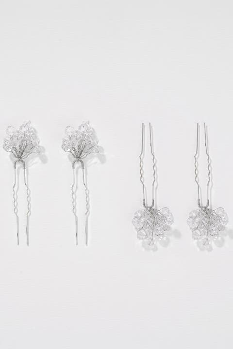 Set of 4 Crystal Pearl U Pins - Silver