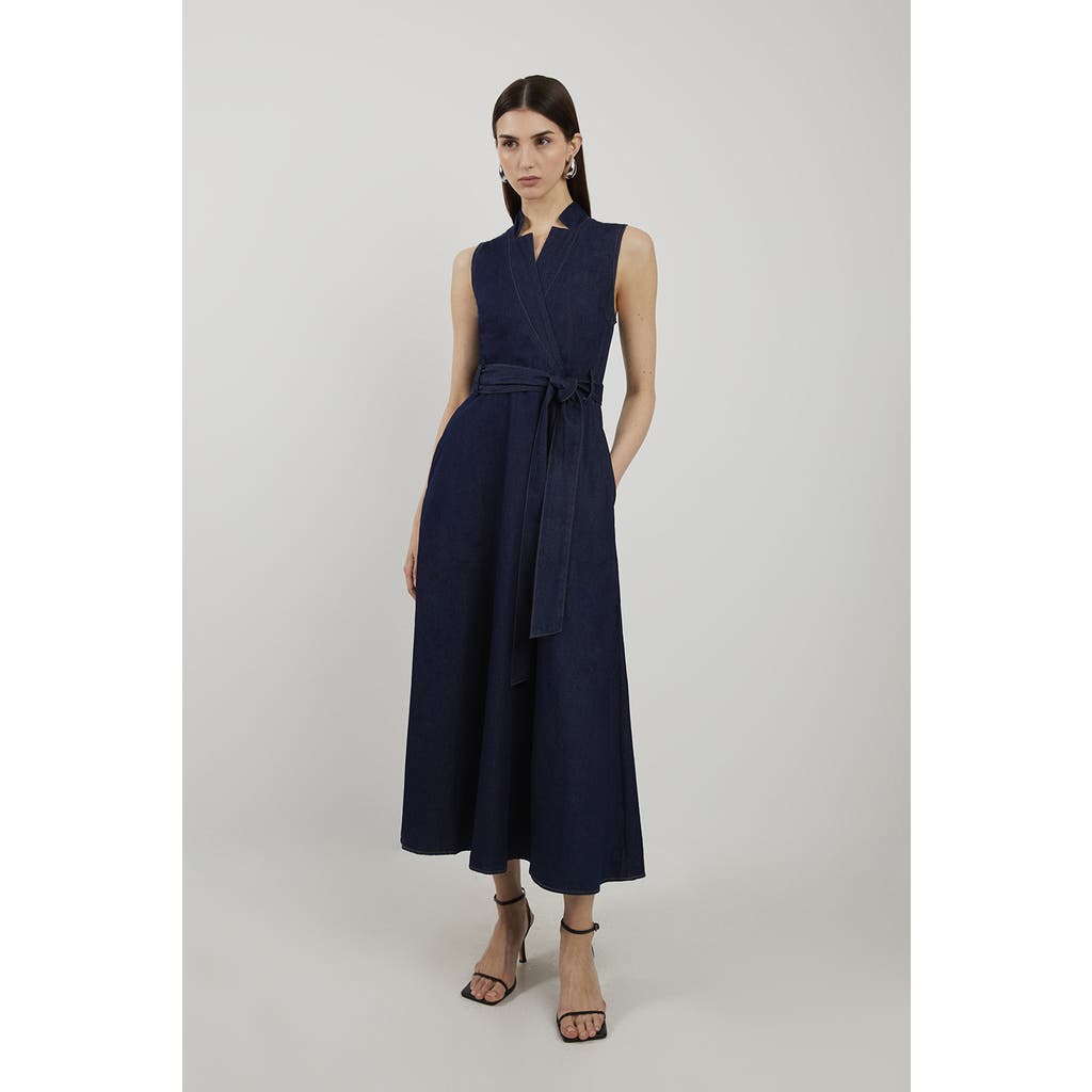 Karen Millen Belted Denim Midi Dress In Purple