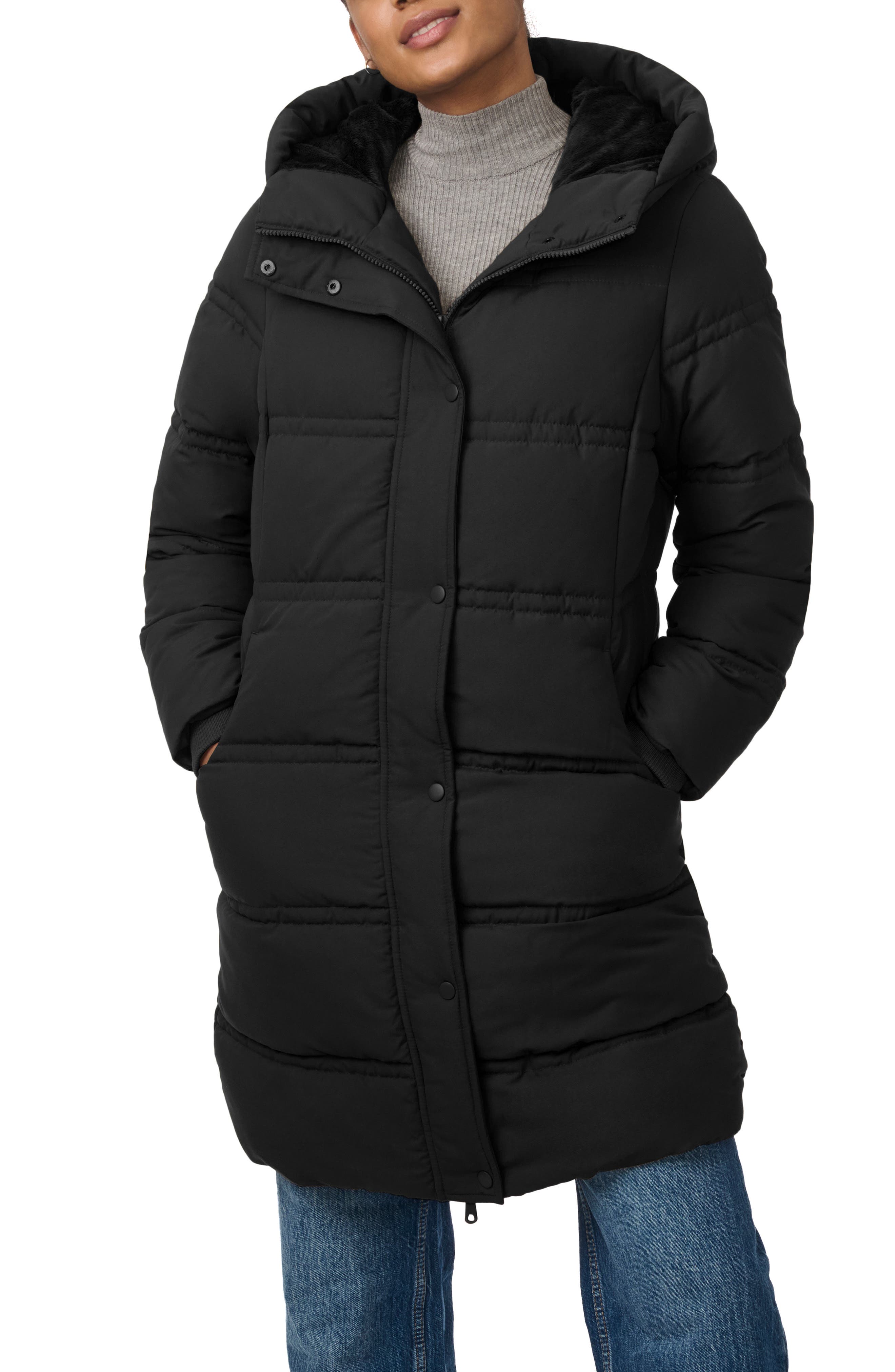 Bernardo Minimalist Double Needle Stitched Puffer Coat in Black 