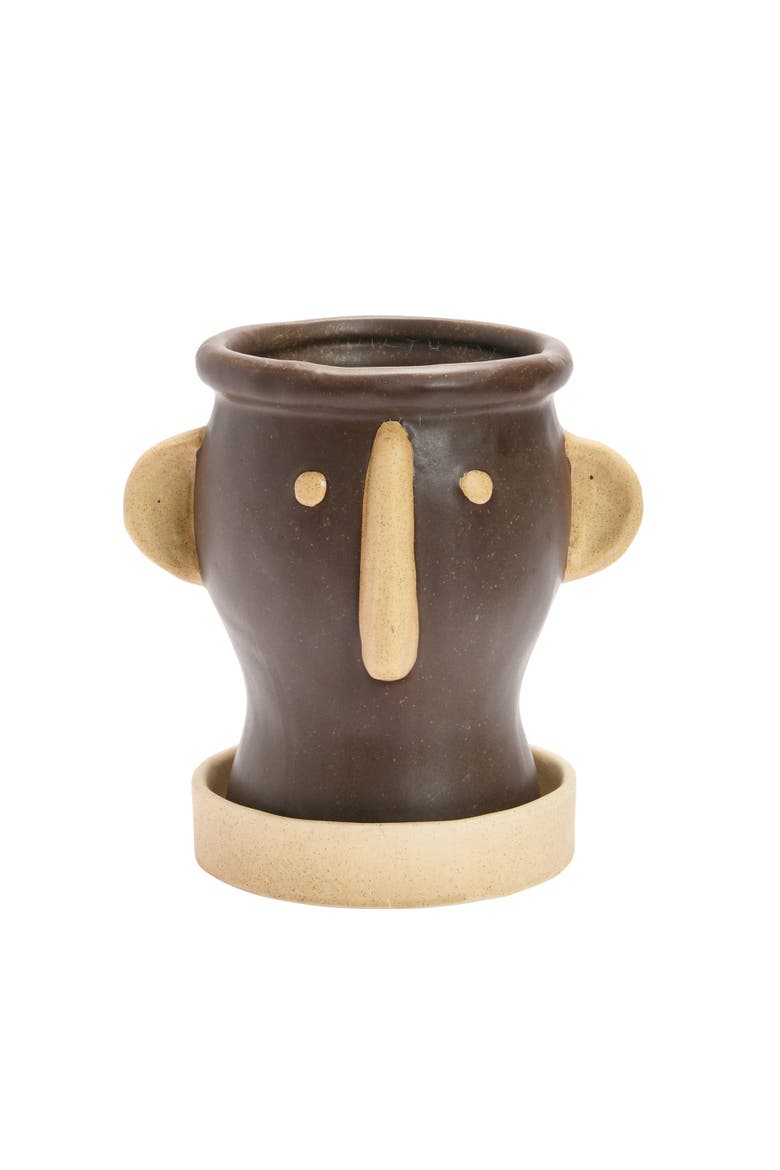 Creative Co-Op Stoneware Face Planter with Saucer, Matte Black and Cream, Main, color, Brown