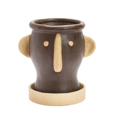 Creative Co-Op Stoneware Face Planter with Saucer, Matte Black and Cream
