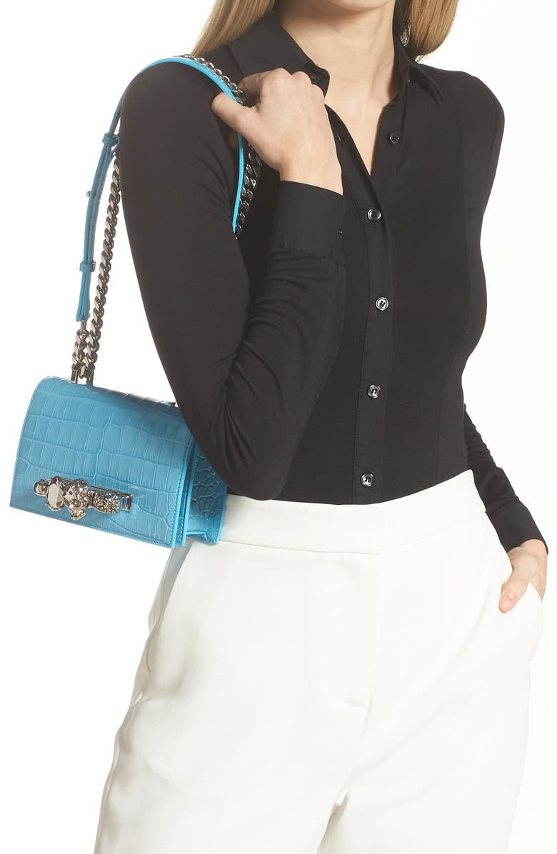 McQueen Alexander McQueen Croc Embossed Leather Shoulder Bag, Alternate, color,