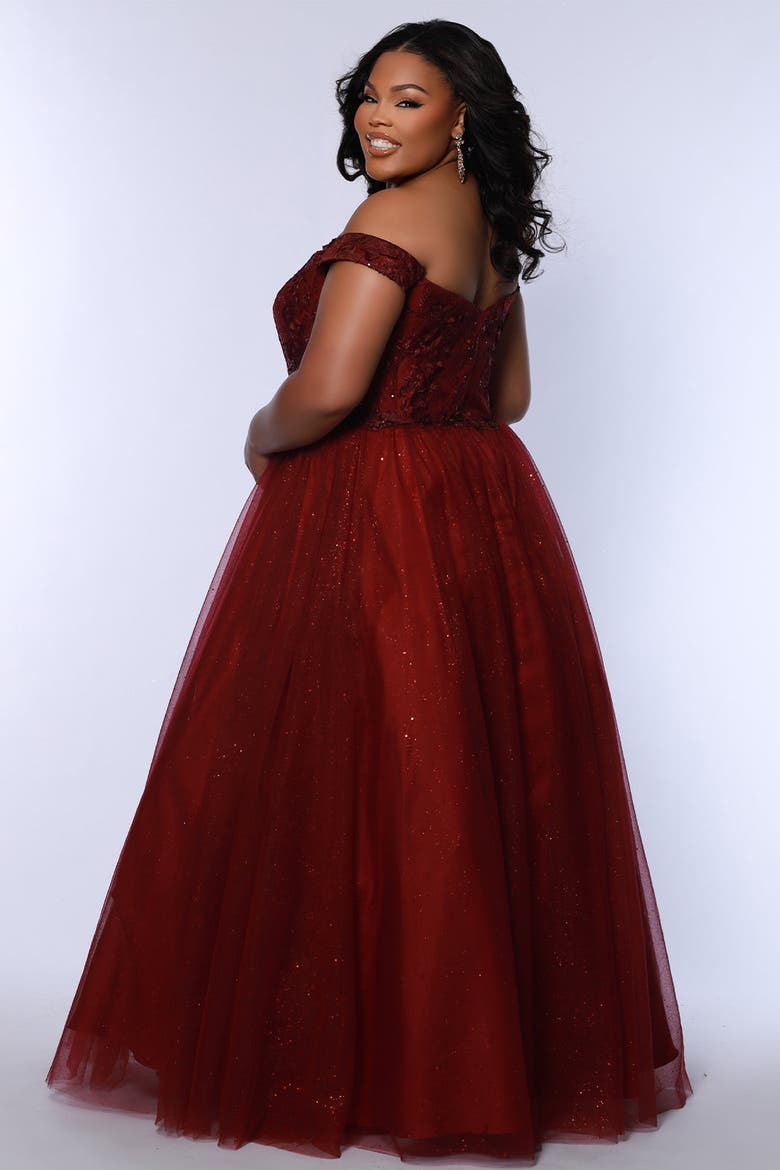 Off the Shoulder V-Neckline Plus Size Ballgown, Alternate, color, Burgundy