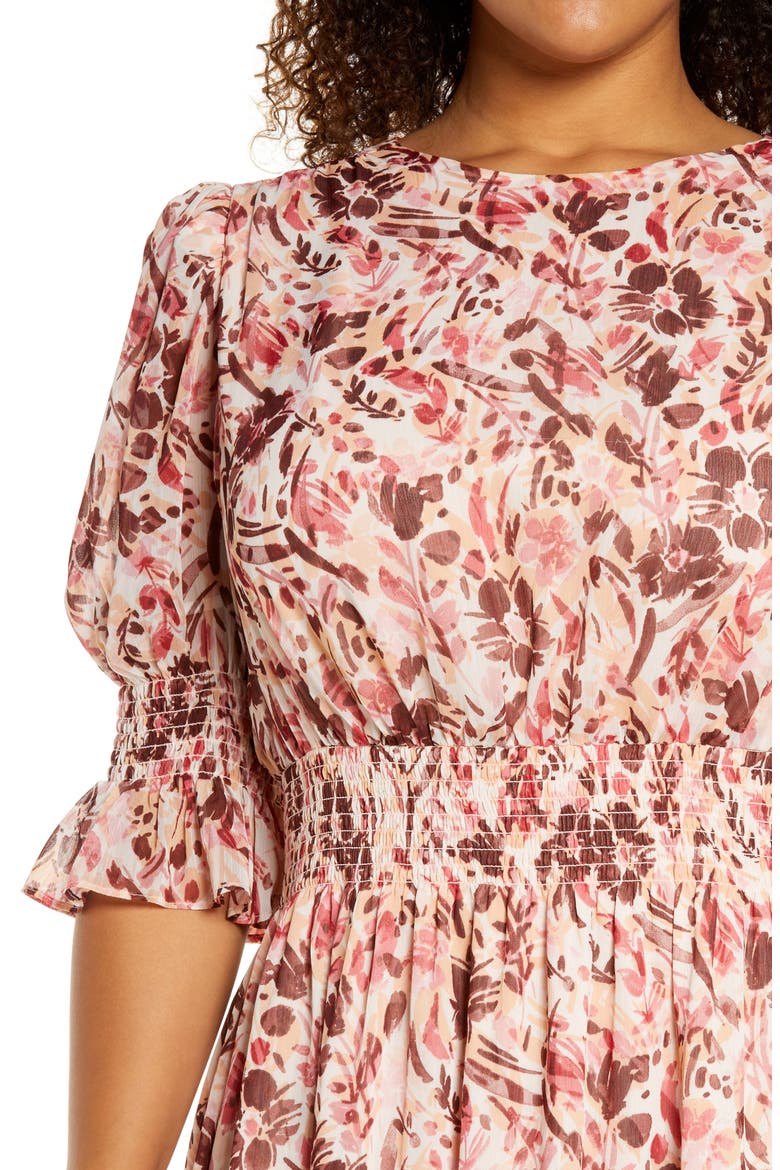 Floral Smock Midi Dress, Alternate, color, SOFT PEACH/ LIGHT BURGUNDY