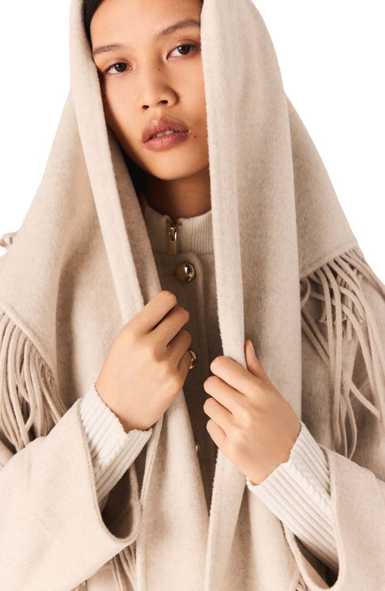 maje Cropped wool coat with removable scarf, Alternate, color, Ecru