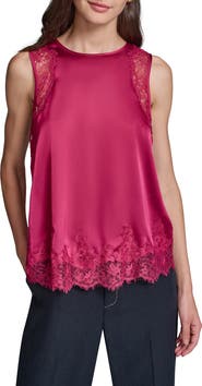 KARL LAGERFELD PARIS Eyelash Lace Trim Satin Tank