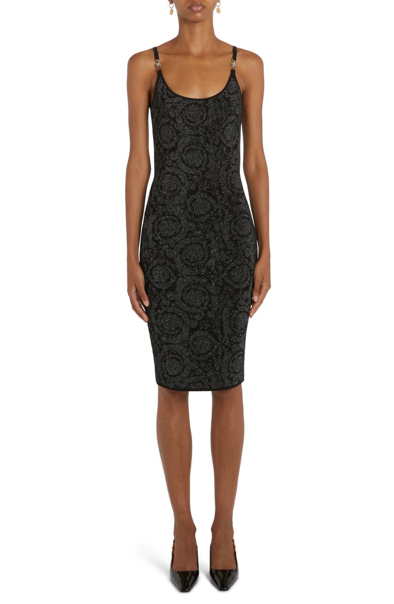 Versace Metallic Barocco Silhouette Knit Cocktail Dress, Main, color,