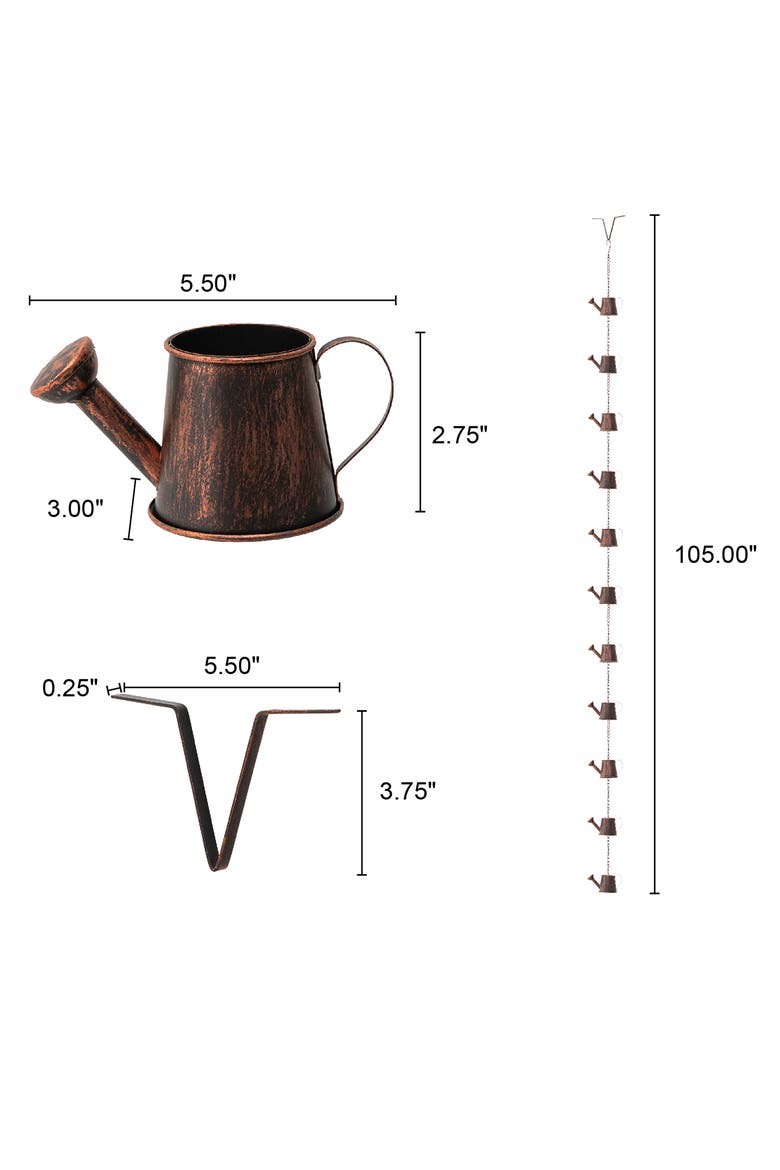 8.5ft 11-Piece Faux Copper Watering Pot Rain Chain with V-Shaped Gutter Clip, Alternate, color, Brown