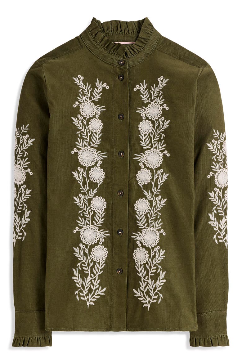 Sienna Frill Embroidered Corduroy Shirt, Main, color, WINTER MOSS, EMBROIDERED VINE