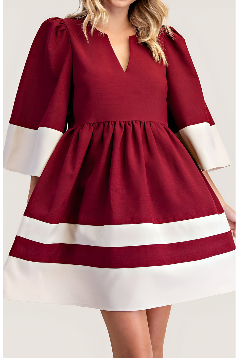 Fit and Flare Mini Dress with Contrast Cuff, Hemline and Notch Neck, Alternate, color, Burgundy