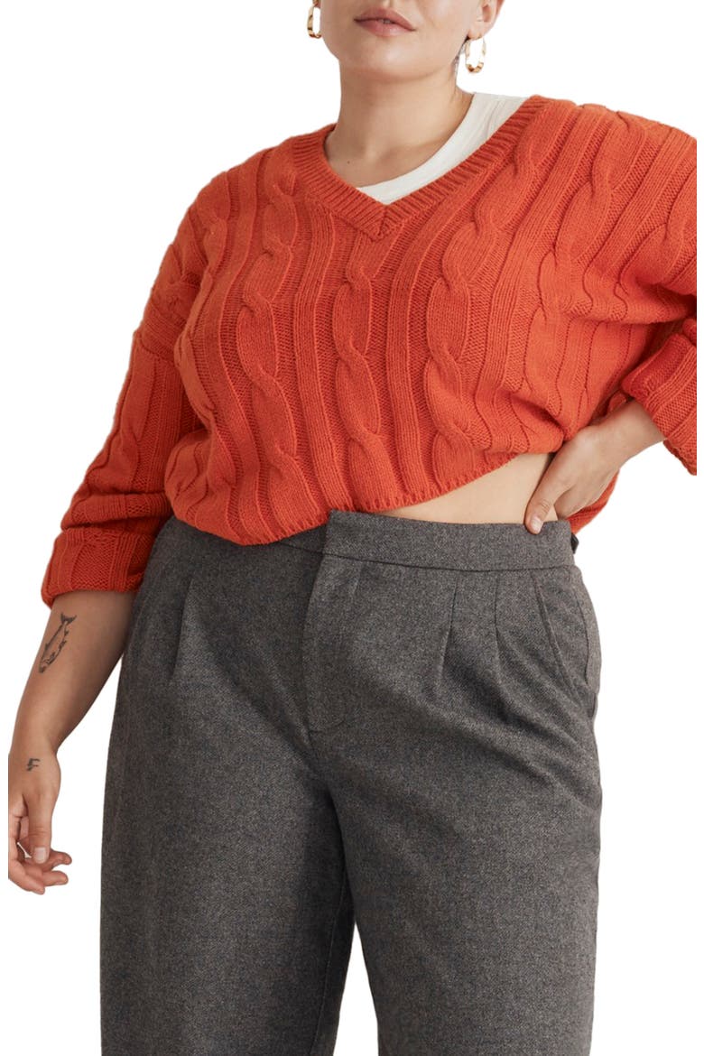 Cable Knit V-Neck Crop Sweater, Alternate, color, ROASTED SQUASH
