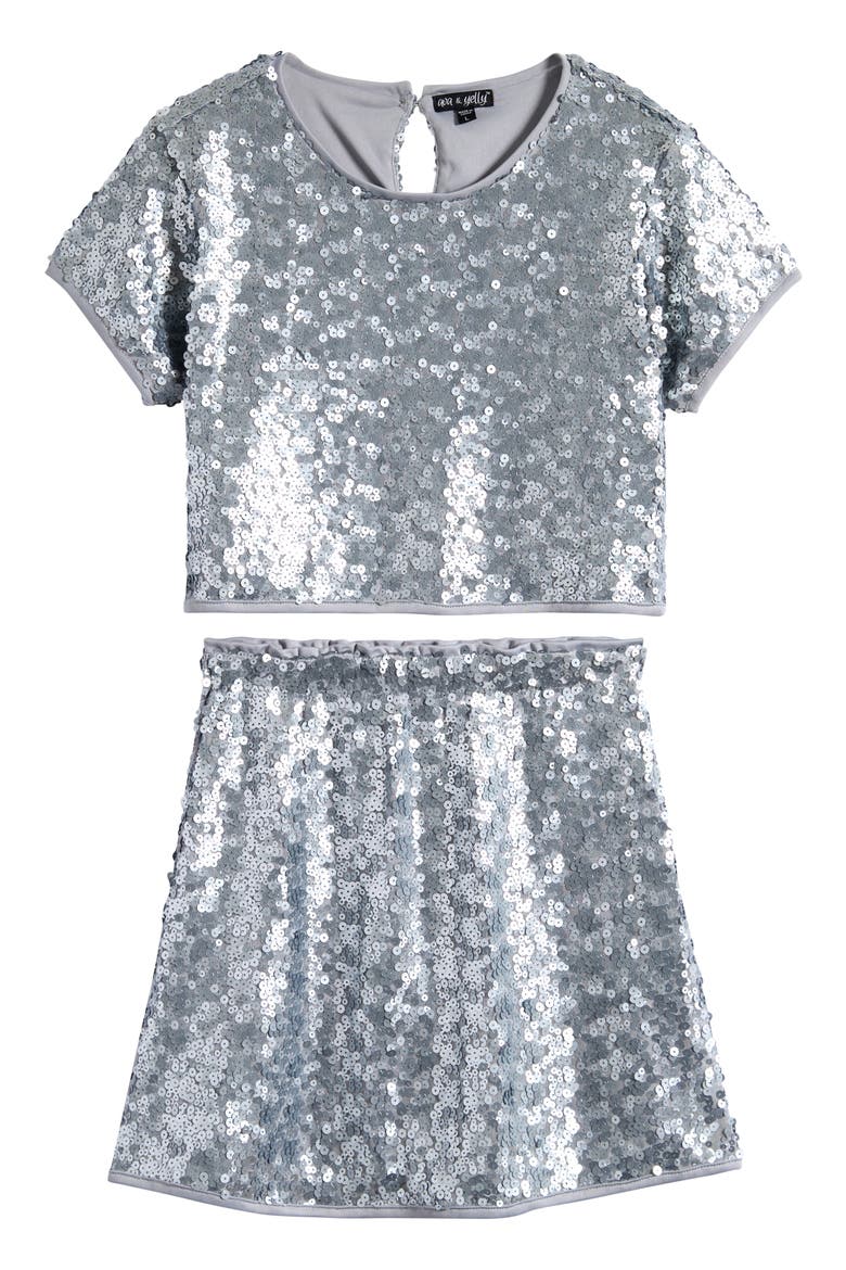Kids' Sequin Top & Skirt Set, Main, color, MATTE SILVER