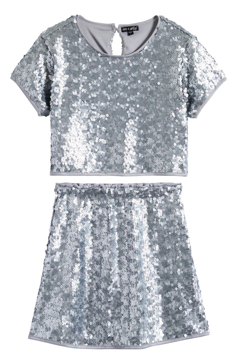 Ava & Yelly Kids' Sequin Top & Skirt Set, Main, color, Matte Silver