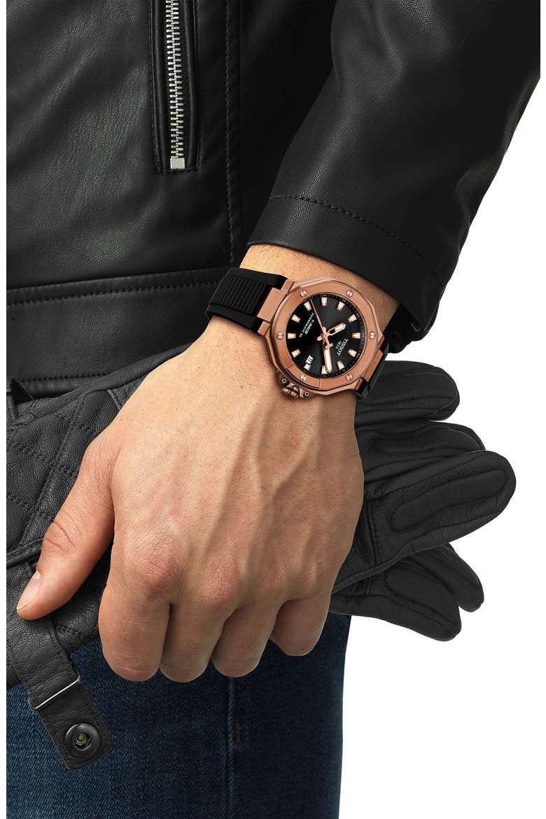 T-Race Powermatic 80 Silicone Strap Watch, 41mm, Alternate, color, BLACK