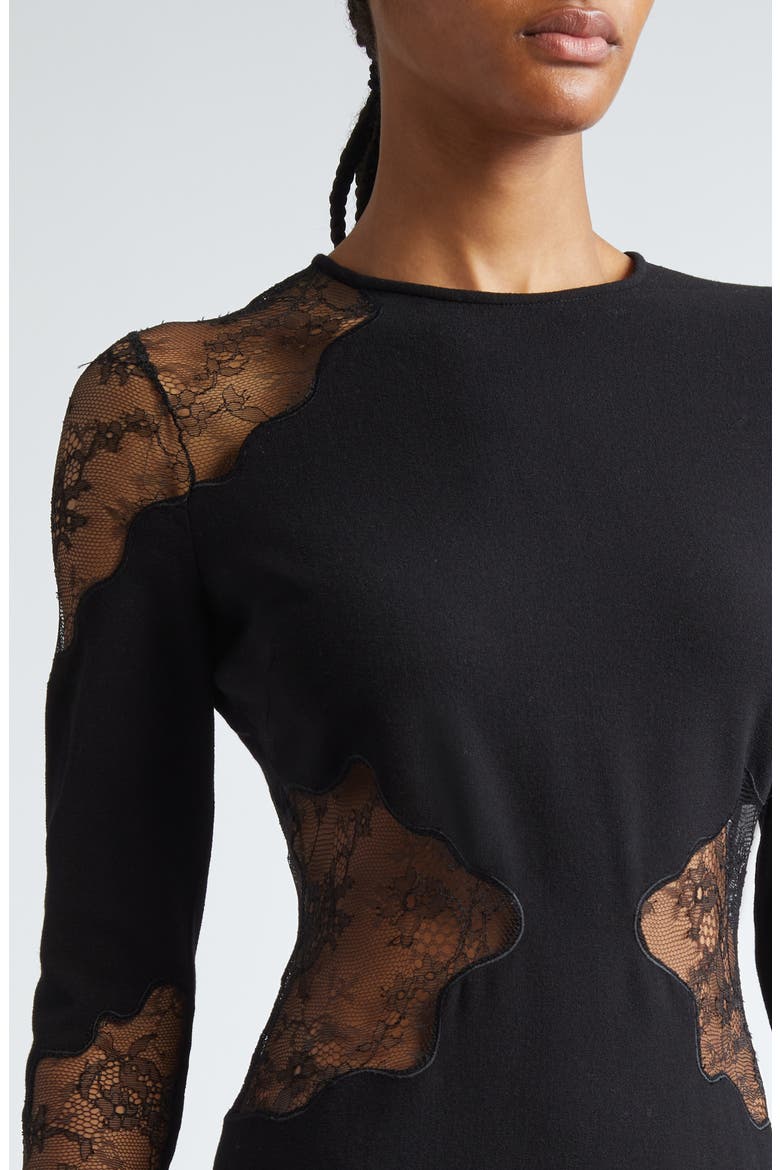 Enziana Peekaboo Lace Long Sleeve Wool Blend Crepe Dress, Alternate, color, BLACK