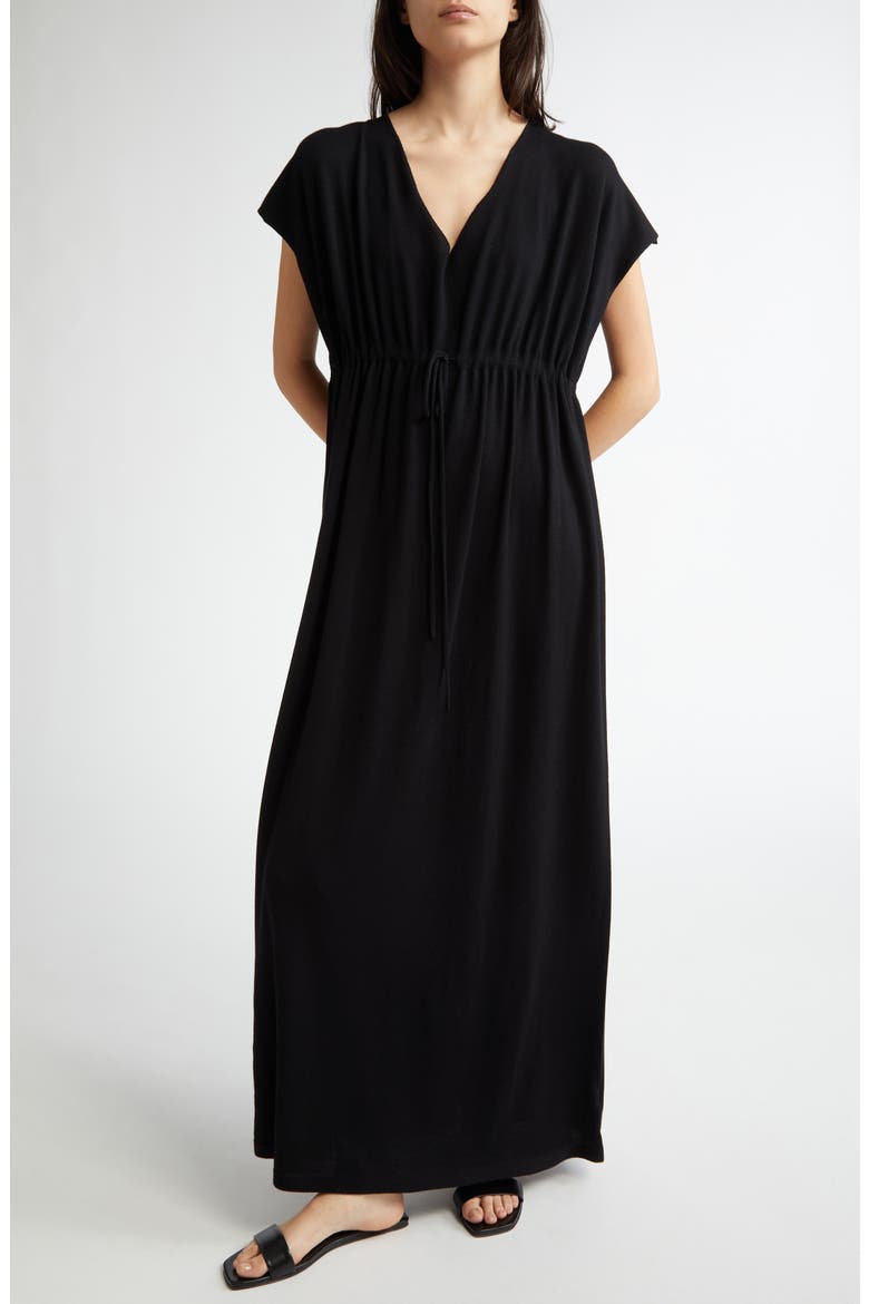 Open Knit Superfine Merino Wool Deep-V Dress, Main, color, BLACK