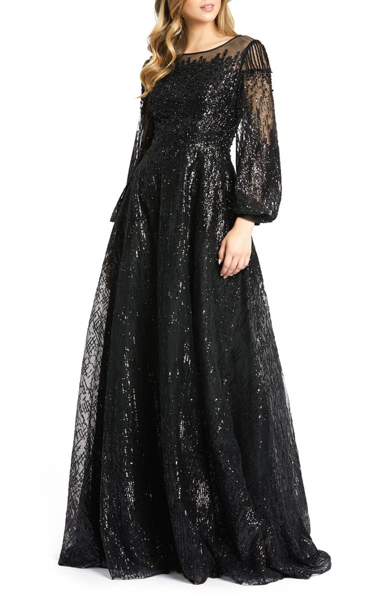 Mac Duggal Jewel Encrusted Illusion Long Sleeve A Line Gown, Main, color, Black