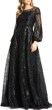 Mac Duggal Jewel Encrusted Illusion Long Sleeve A Line Gown