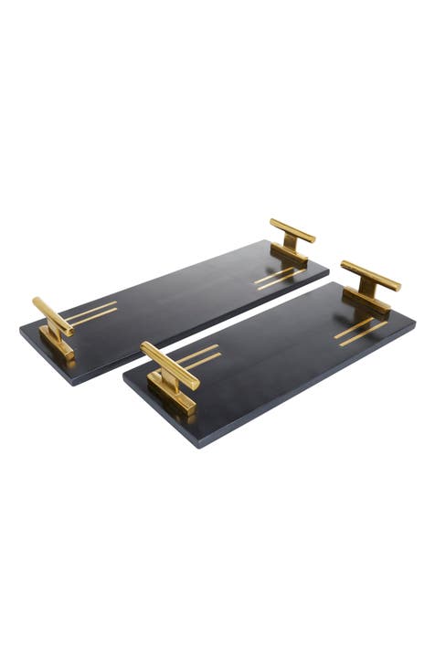 Black Marble Tray with Goldtone Handles - Set of 2