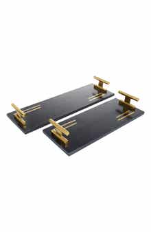VIVIAN LUNE HOME Black Marble Tray with Goldtone Handles - Set of 2