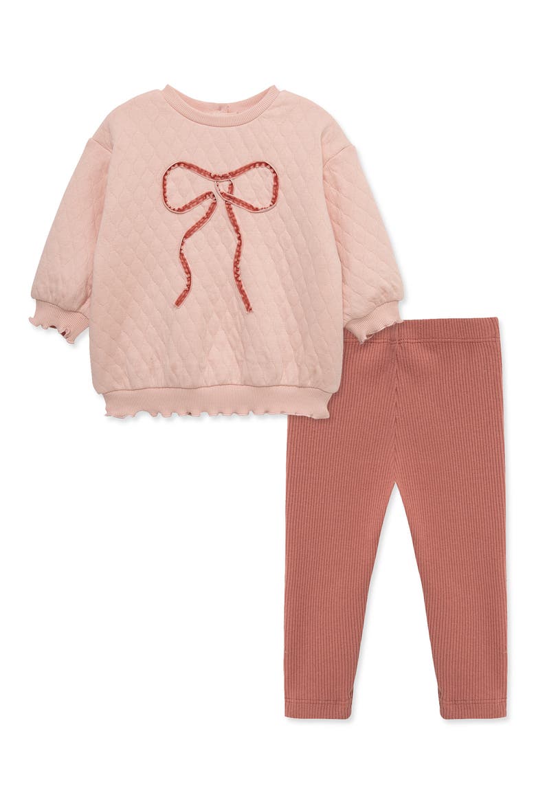 Bow Appliqué Quilted Crewneck Sweatshirt & Ribbed Leggings Set, Main, color, PINK