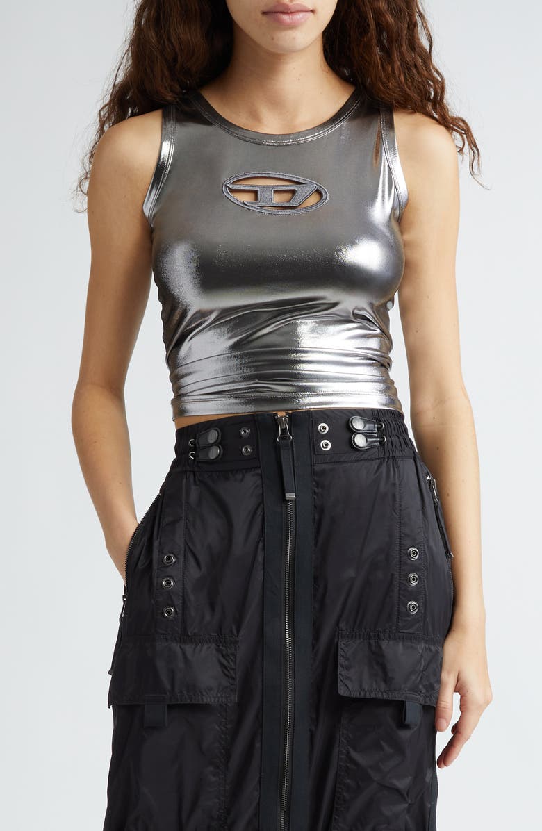DIESEL<sup>®</sup> T-Lynys Logo Cutout Foiled Jersey Tank, Main, color, Deep Silver/ Black