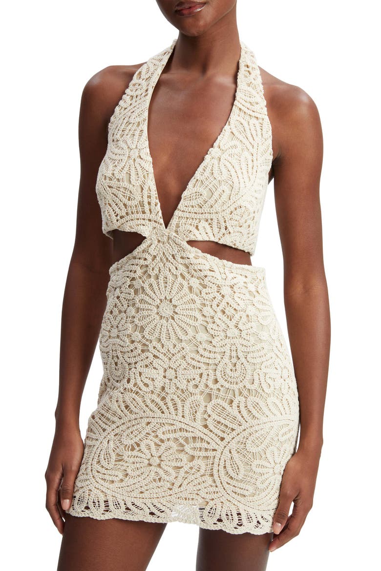 Arias Open Stitch Halter Minidress, Alternate, color, LIGHT BEIGE