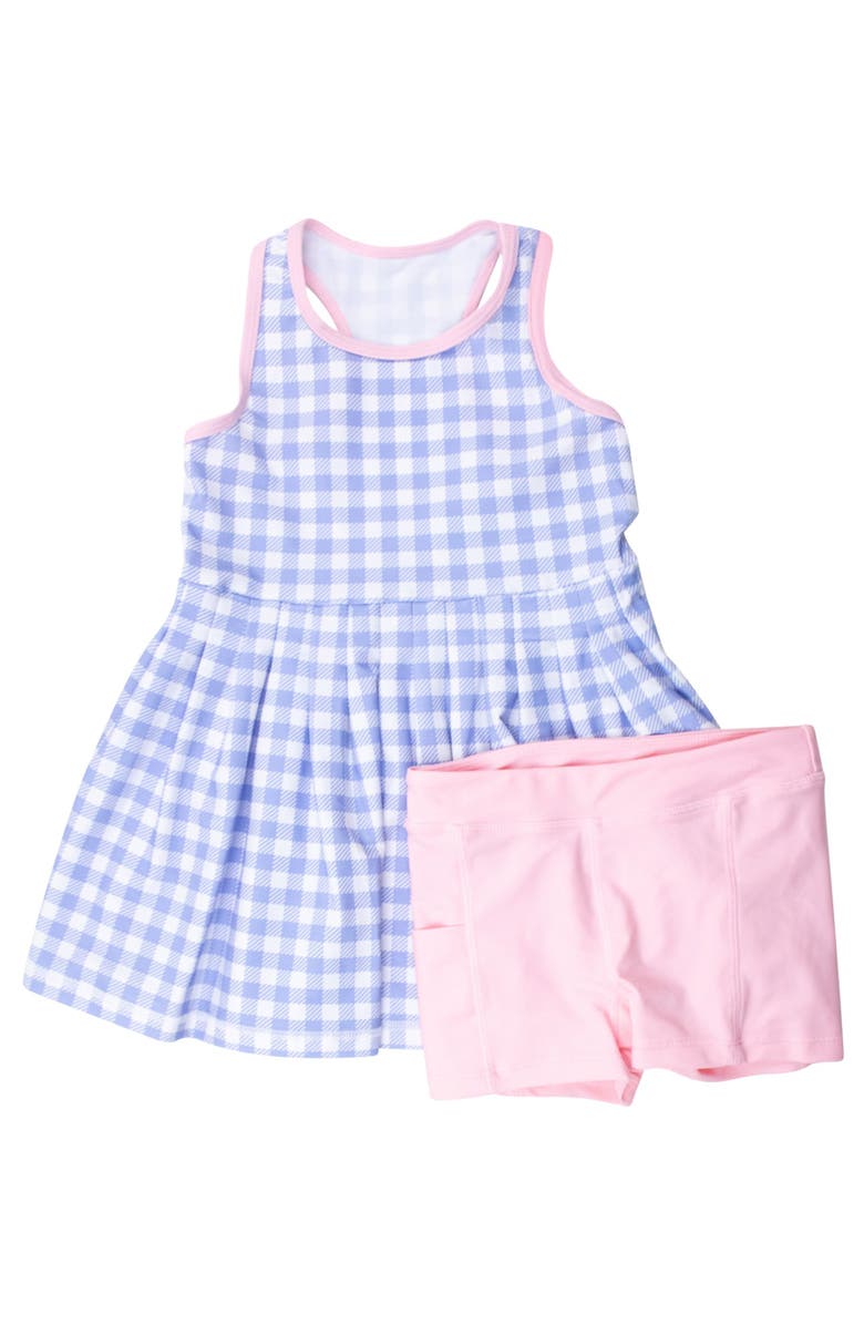 RuffleButts Girls UPF50+ Active Dress & Bike Short Set, Main, color, Periwinkle Blue Gingham