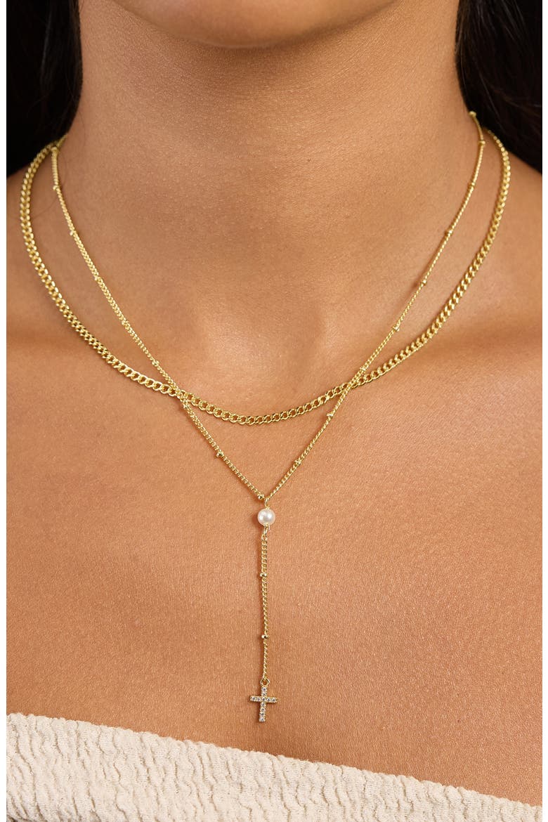 Imitation Pearl & Pavé Cross Layered Y-Necklace, Alternate, color, GOLD