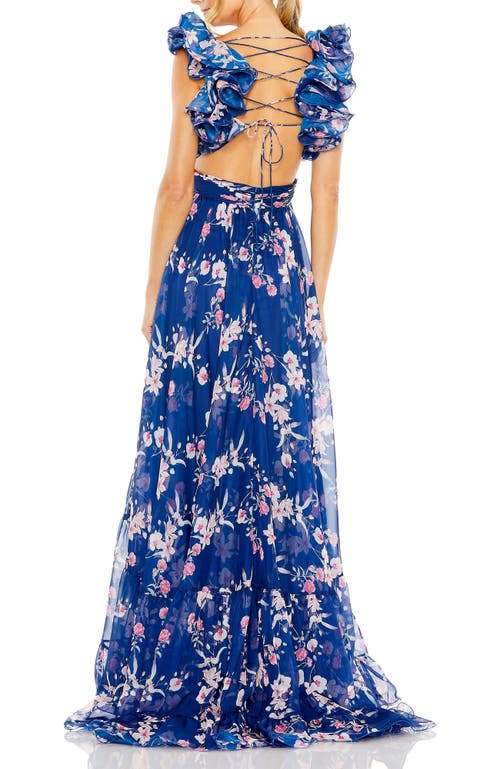 Mac Duggal Ruffle Tiered Floral Cut-out Chiffon Gown In Blue Multi