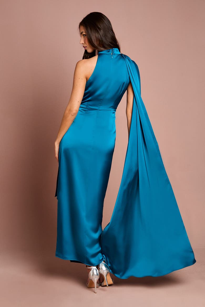 Satin Ruched Waist Cap Midi Dress, Alternate, color, Teal