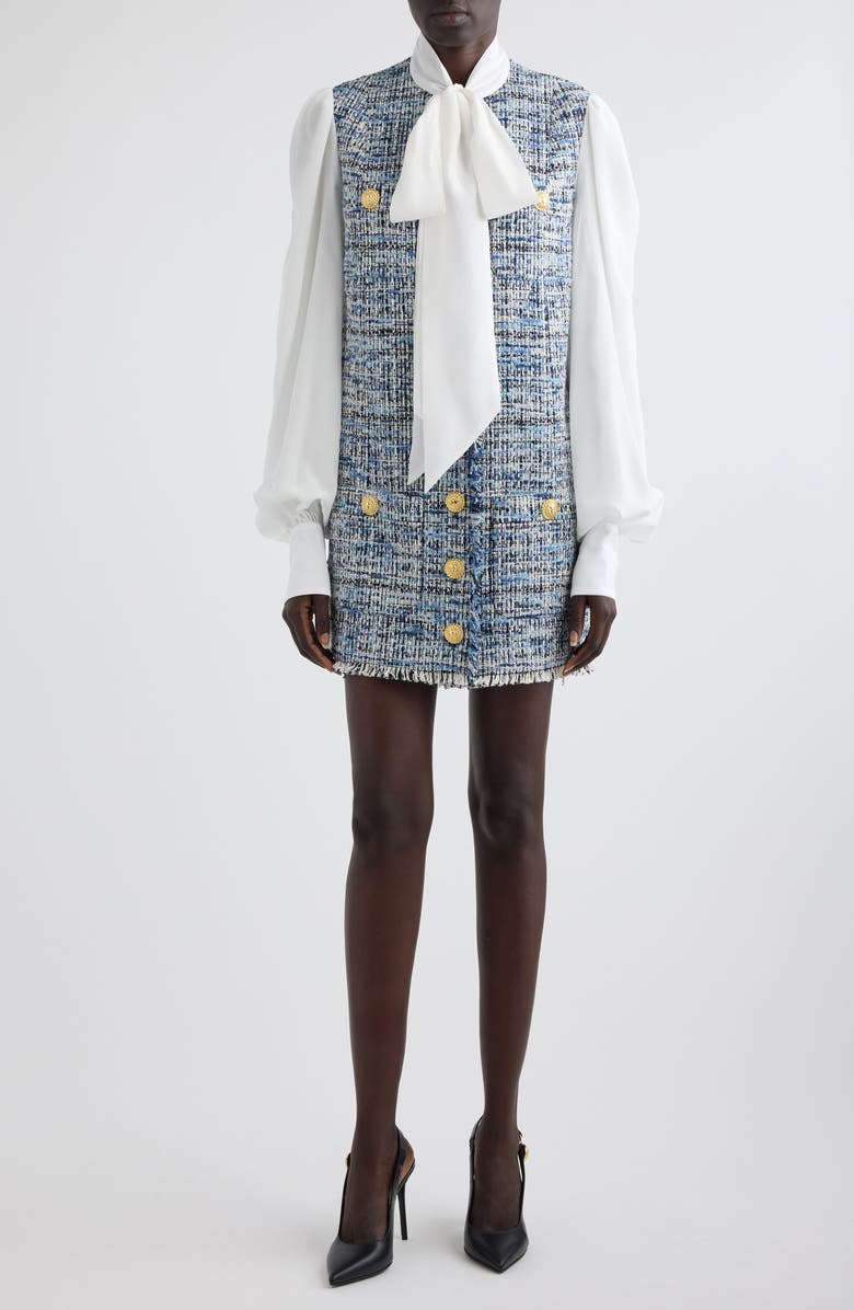 Balmain Tie Neck Long Sleeve Mixed Media Dress, Main, color, 