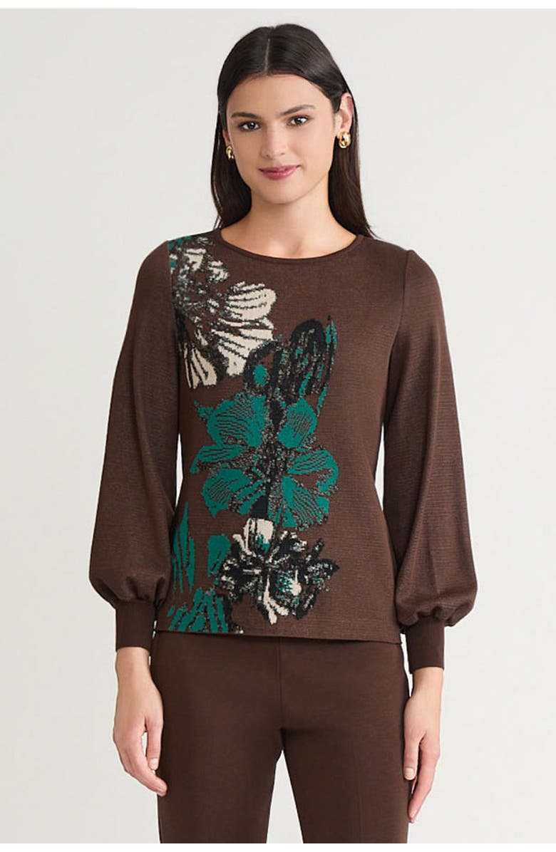 Ming Wang Floral Jacquard Sweater, Main, color, Dark Umber/Everest/Twig/Black