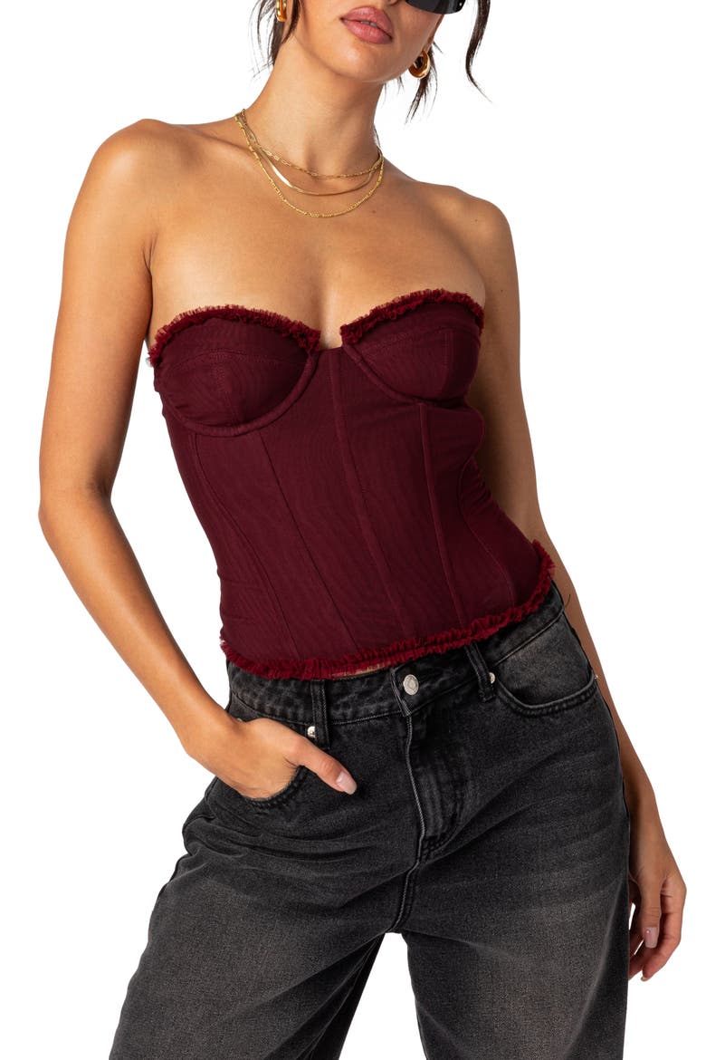 Deirdre Lace-Up Strapless Mesh Corset Top, Main, color, BURGUNDY